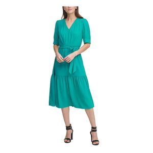 DKNY Womens Green Belted Elbow Cuff Sleeve  V Neck Midi Wear To Work Dress 10